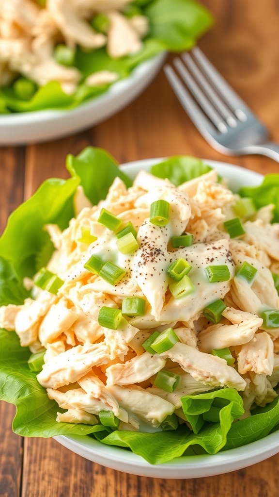 A colorful bowl of Keto Creamy Chicken Salad with chicken, celery, and green onions on a wooden table.